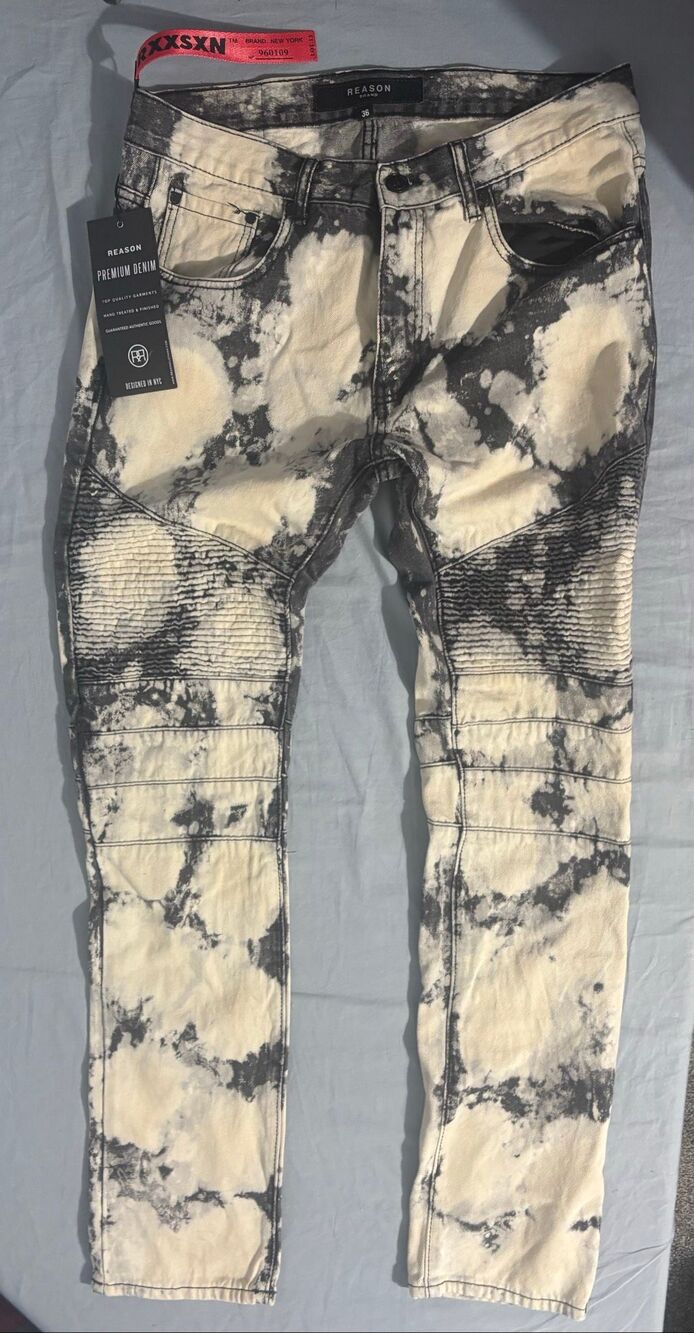 NWT Reason Mulberry Moto Jeans Men’s 36 White Black Bleach Wash Ribbed Skinny